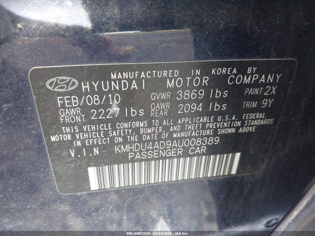 Продажа на аукционе авто 2010 Hyundai Elantra Gls, vin: KMHDU4AD9AU008389, номер лота: 44931520