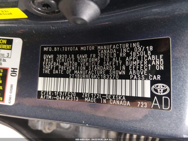 2T1BURHE6KC183270 Toyota COROLLA SE
