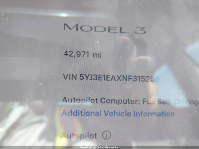 5YJ3E1EAXNF315256 Tesla Model 3 Rear-wheel Drive