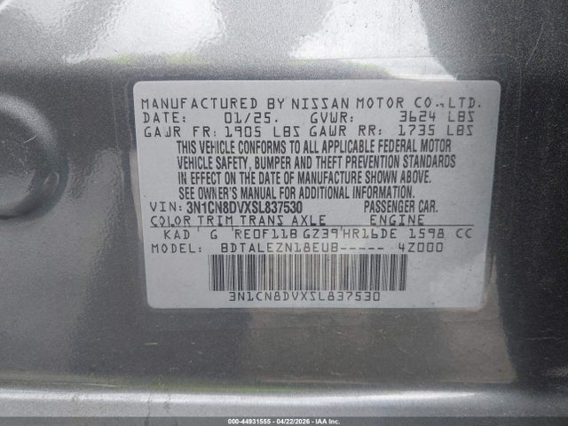 2025 Nissan Versa 1.6 S მანქანა იყიდება აუქციონზე, vin: 3N1CN8DVXSL837530, აუქციონის ნომერი: 44931555