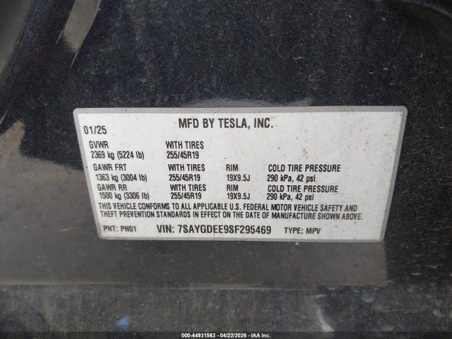 Aukcja sprzedaży 2025 Tesla Model Y Long Range Dual Motor All-wheel Drive, vin: 7SAYGDEE9SF295469, numer aukcji: 44931563
