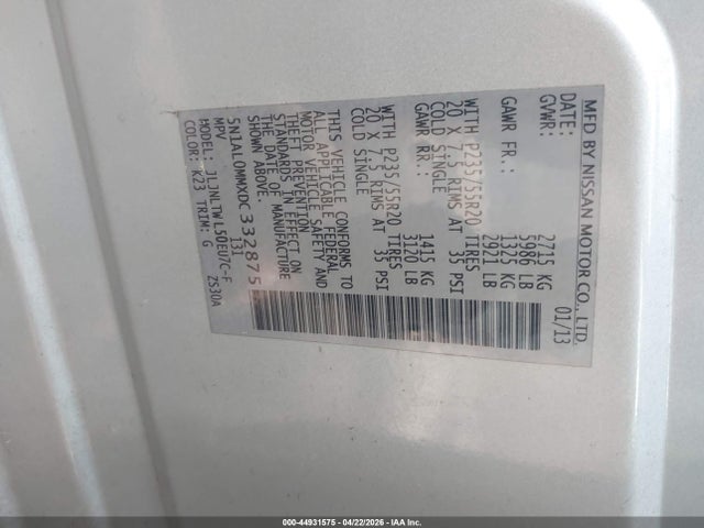 44931575 :رقم المزاد ، 5N1AL0MMXDC332875 vin ، 2013 Infiniti Jx35 مزاد بيع