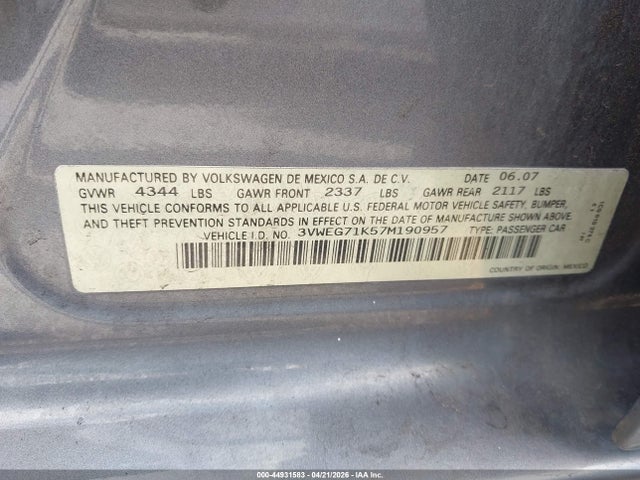 44931583 :رقم المزاد ، 3VWEG71K57M190957 vin ، 2007 Volkswagen Jetta Wolfsburg Edition مزاد بيع