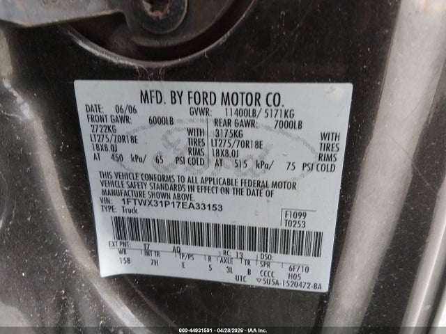 Продажа на аукционе авто 2007 Ford F-350 Lariat/xl/xlt, vin: 1FTWX31P17EA33153, номер лота: 44931591