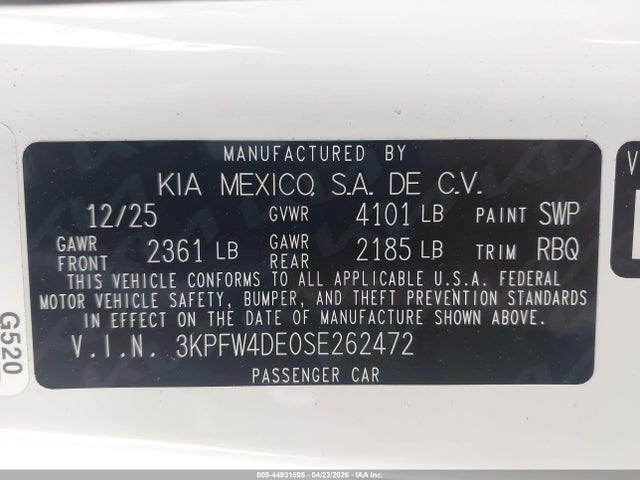 Aukcja sprzedaży 2025 Kia K4 Gt-line, vin: 3KPFW4DE0SE262472, numer aukcji: 44931595