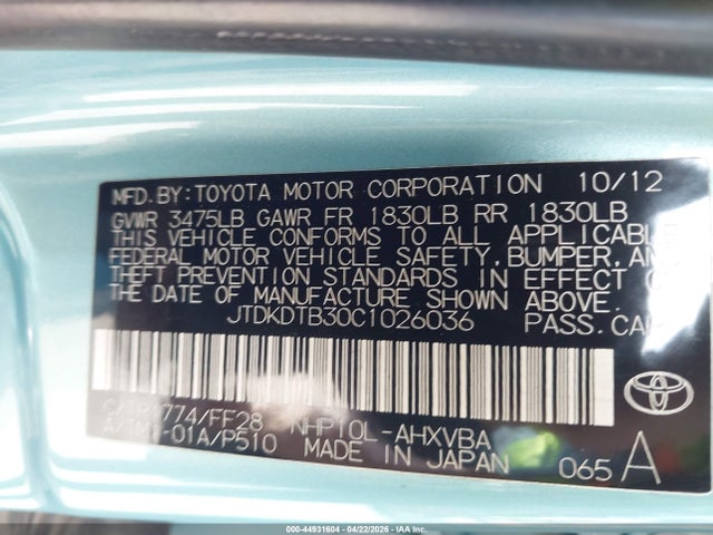 Продаж на аукціоні авто 2012 Toyota Prius C Two, vin: JTDKDTB30C1026036, номер лоту: 44931604