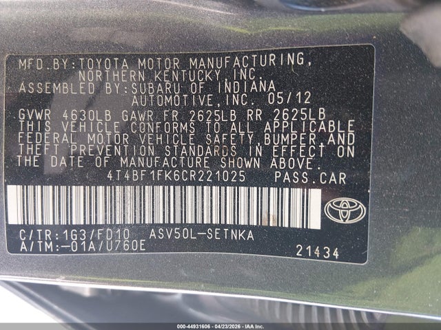 Продаж на аукціоні авто 2012 Toyota Camry Le, vin: 4T4BF1FK6CR221025, номер лоту: 44931606