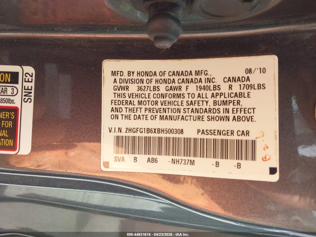 Продажа на аукционе авто 2011 Honda Civic Lx, vin: 2HGFG1B6XBH500308, номер лота: 44931618