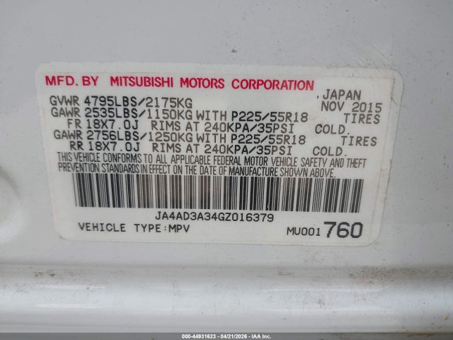 Продаж на аукціоні авто 2016 Mitsubishi Outlander Se, vin: JA4AD3A34GZ016379, номер лоту: 44931623