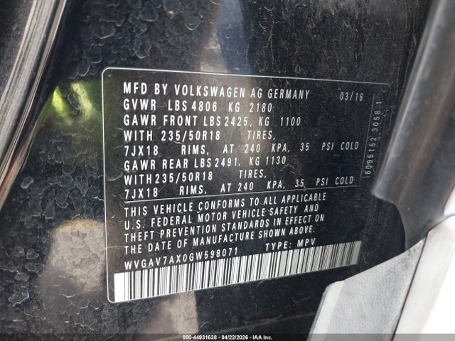 2016 Volkswagen Tiguan Se მანქანა იყიდება აუქციონზე, vin: WVGAV7AX0GW598071, აუქციონის ნომერი: 44931638