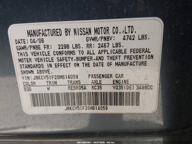 Aukcja sprzedaży 2006 Infiniti G35x, vin: JNKCV51F26M614059, numer aukcji: 44931641