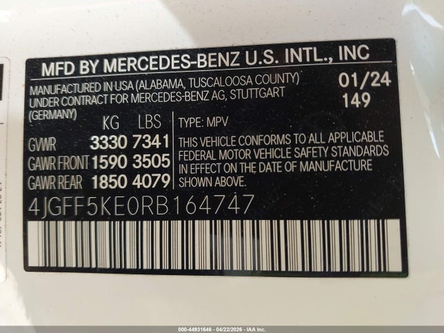 Aukcja sprzedaży 2024 Mercedes-benz Gls 450 4matic, vin: 4JGFF5KE0RB164747, numer aukcji: 44931646