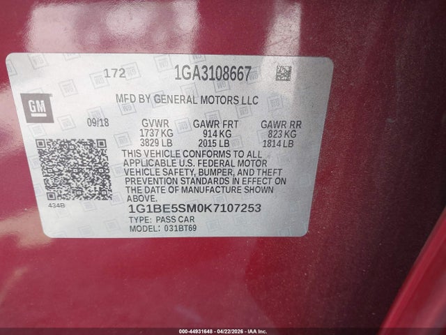 2019 Chevrolet Cruze Lt მანქანა იყიდება აუქციონზე, vin: 1G1BE5SM0K7107253, აუქციონის ნომერი: 44931648