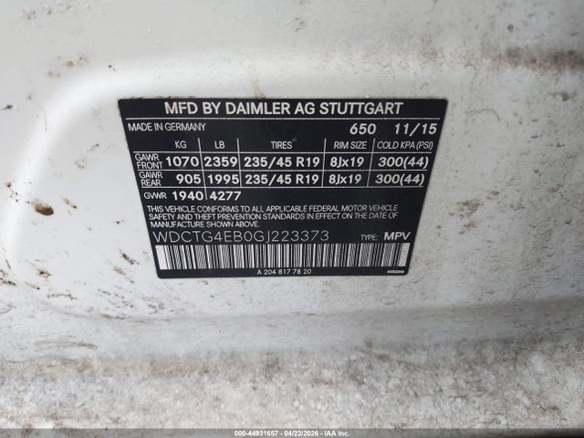 44931657 :رقم المزاد ، WDCTG4EB0GJ223373 vin ، 2016 Mercedes-benz Gla 250 مزاد بيع