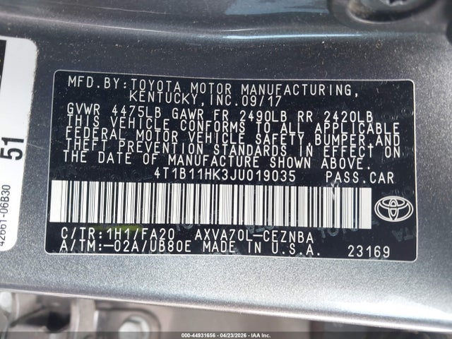 Продажа на аукционе авто 2018 Toyota Camry Le, vin: 4T1B11HK3JU019035, номер лота: 44931656