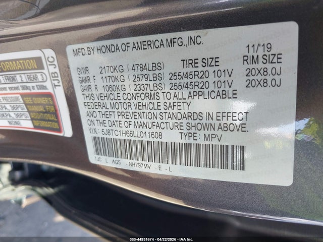 Auction sale of the 2020 Acura Rdx A-spec Package, vin: 5J8TC1H66LL011608, lot number: 44931674