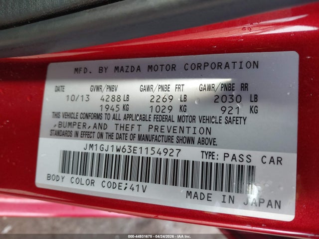 Aukcja sprzedaży 2014 Mazda Mazda6 I Grand Touring, vin: JM1GJ1W63E1154927, numer aukcji: 44931675