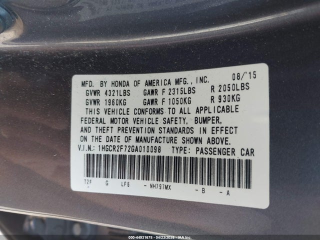 Aukcja sprzedaży 2016 Honda Accord Ex, vin: 1HGCR2F72GA010098, numer aukcji: 44931678