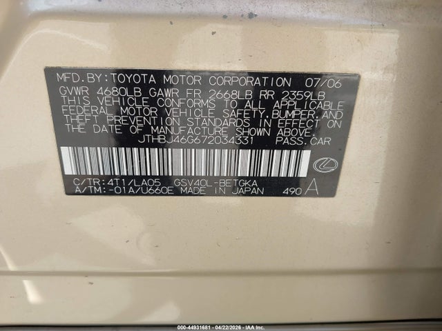 Продажа на аукционе авто 2007 Lexus Es 350, vin: JTHBJ46G672034331, номер лота: 44931681