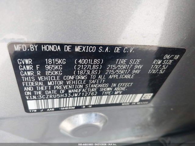2018 Honda Hr-v Lx მანქანა იყიდება აუქციონზე, vin: 3CZRU5H33JM712762, აუქციონის ნომერი: 44931683