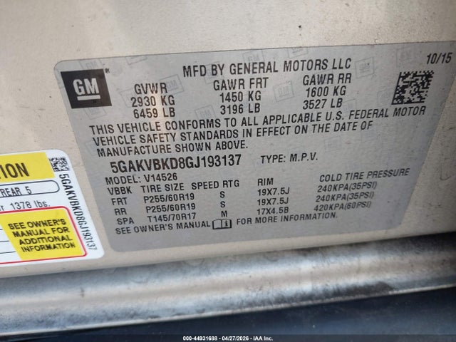 44931688 :رقم المزاد ، 5GAKVBKD8GJ193137 vin ، 2016 Buick Enclave Leather مزاد بيع