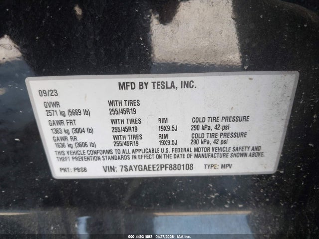 2023 Tesla Model Y მანქანა იყიდება აუქციონზე, vin: 7SAYGAEE2PF880108, აუქციონის ნომერი: 44931692
