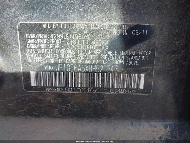 Aukcja sprzedaży 2011 Subaru Impreza 2.5i, vin: JF1GE6A6XBH521243, numer aukcji: 44931709