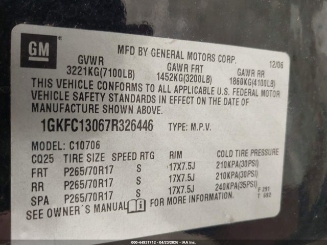 2007 Gmc Yukon Slt მანქანა იყიდება აუქციონზე, vin: 1GKFC13067R326446, აუქციონის ნომერი: 44931712