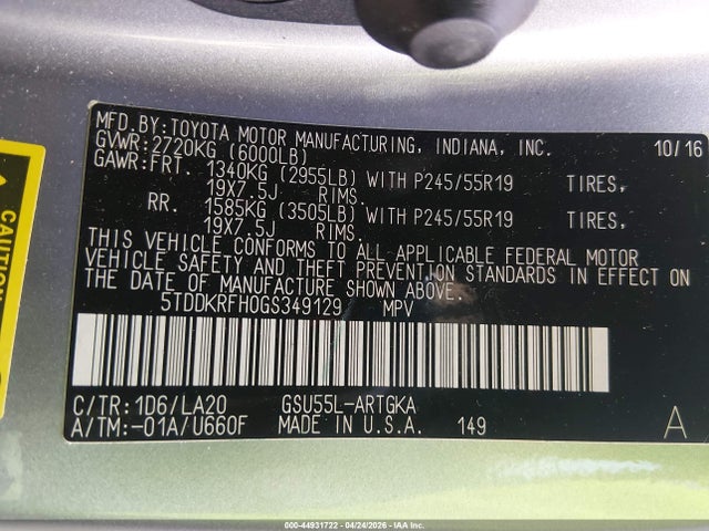 44931722 :رقم المزاد ، 5TDDKRFH0GS349129 vin ، 2016 Toyota Highlander Limited Platinum V6 مزاد بيع