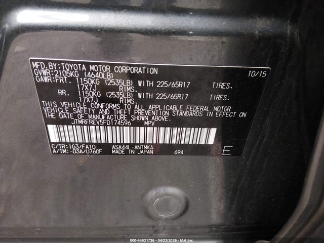 Aukcja sprzedaży 2015 Toyota Rav4 Xle, vin: JTMRFREV5FD174596, numer aukcji: 44931736