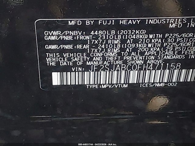 Aukcja sprzedaży 2015 Subaru Forester 2.5i, vin: JF2SJABC0FH471158, numer aukcji: 44931744