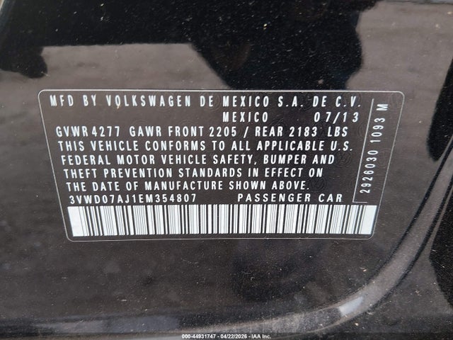 2014 Volkswagen Jetta 1.8t Se მანქანა იყიდება აუქციონზე, vin: 3VWD07AJ1EM354807, აუქციონის ნომერი: 44931747