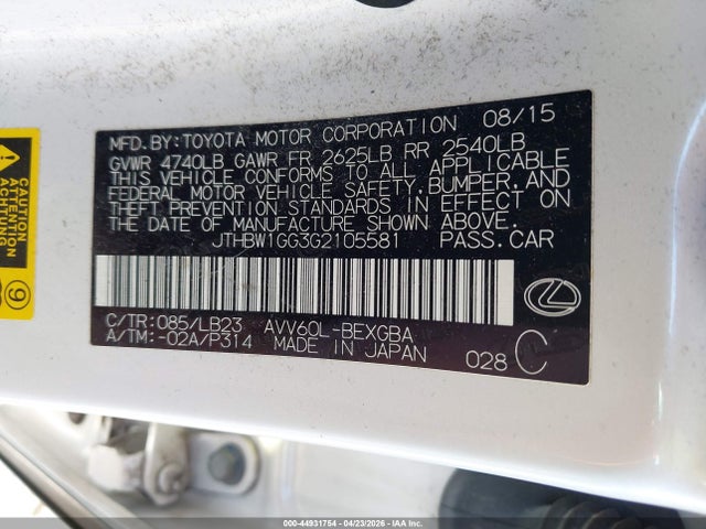 44931754 :رقم المزاد ، JTHBW1GG3G2105581 vin ، 2016 Lexus Es 300h مزاد بيع