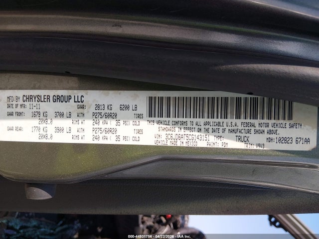 44931756 :رقم المزاد ، 3C6JD6AT5CG143151 vin ، 2012 Ram 1500 St مزاد بيع