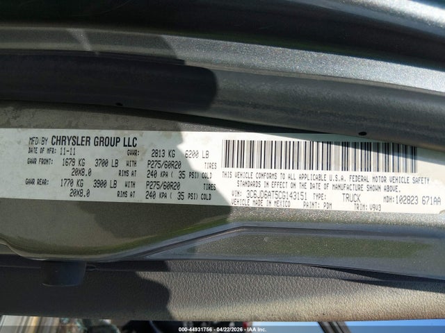 44931756 :رقم المزاد ، 3C6JD6AT5CG143151 vin ، 2012 Ram 1500 St مزاد بيع