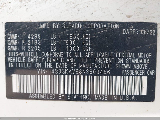 Aukcja sprzedaży 2022 Subaru Impreza Premium, vin: 4S3GKAV68N3609466, numer aukcji: 44931758