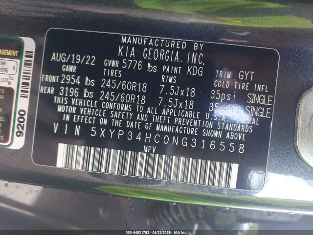Продаж на аукціоні авто 2022 Kia Telluride Ex, vin: 5XYP34HC0NG316558, номер лоту: 44931762