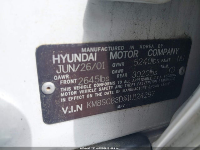 44931763 :رقم المزاد ، KM8SC83D51U124297 vin ، 2001 Hyundai Santa Fe 2.7l V6 Gls/2.7l V6 Lx مزاد بيع