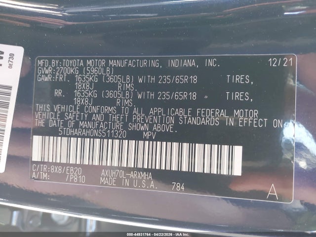 5TDHARAH0NS511320 Toyota Highlander Hybrid Xle