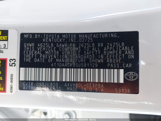Продажа на аукционе авто 2025 Toyota Camry Xse, vin: 4T1DAACK9SU591129, номер лота: 44931765