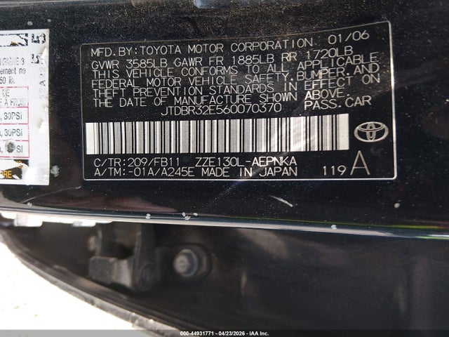 Продаж на аукціоні авто 2006 Toyota Corolla Le, vin: JTDBR32E560070370, номер лоту: 44931771