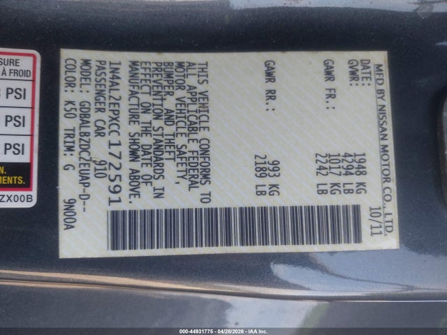 Продажа на аукционе авто 2012 Nissan Altima 2.5 S, vin: 1N4AL2EPXCC172591, номер лота: 44931775