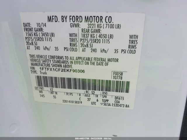 44931786 :رقم المزاد ، 1FTFX1CF2EKF90306 vin ، 2014 Ford F-150 Stx مزاد بيع