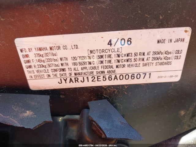 Aukcja sprzedaży 2006 Yamaha Yzfr6 L, vin: JYARJ12E56A006071, numer aukcji: 44931794