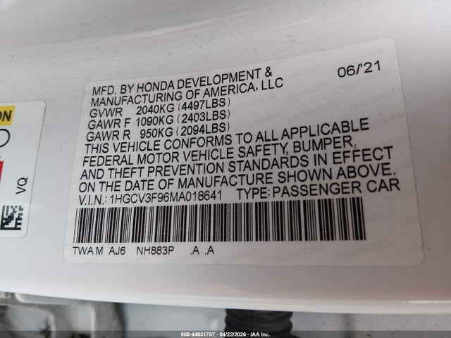 1HGCV3F96MA018641 Honda Accord Hybrid Touring