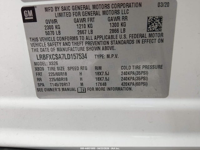 2020 Buick Envision Fwd Essence მანქანა იყიდება აუქციონზე, vin: LRBFXCSA7LD157534, აუქციონის ნომერი: 44931805