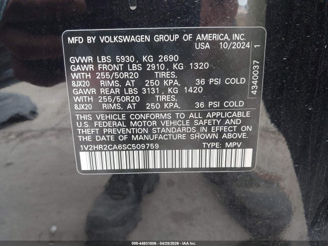Продаж на аукціоні авто 2025 Volkswagen Atlas 2.0t Se W/technology, vin: 1V2HR2CA6SC509759, номер лоту: 44931806