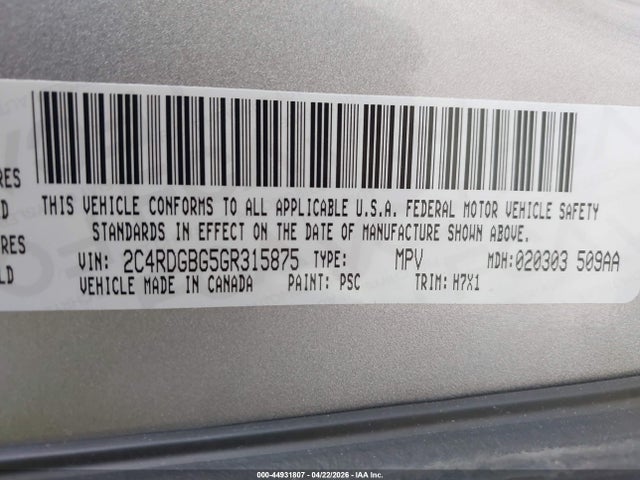 Продаж на аукціоні авто 2016 Dodge Grand Caravan American Value Pkg, vin: 2C4RDGBG5GR315875, номер лоту: 44931807