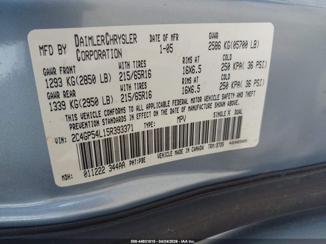 Продаж на аукціоні авто 2005 Chrysler Town & Country Touring, vin: 2C4GP54L15R393371, номер лоту: 44931810