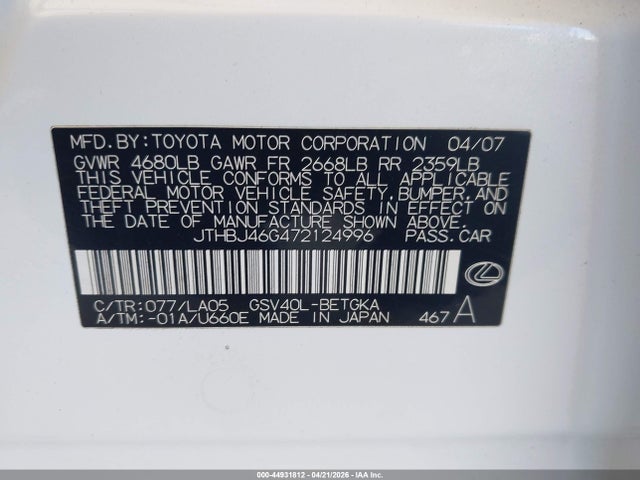 44931812 :رقم المزاد ، JTHBJ46G472124996 vin ، 2007 Lexus Es 350 مزاد بيع